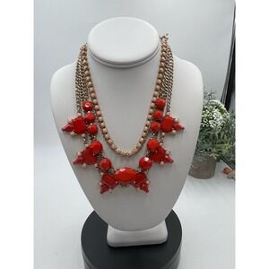 J. Crew Red Pink Peach Gold Tone Layered Multi Strand Rhinestone Necklace‎